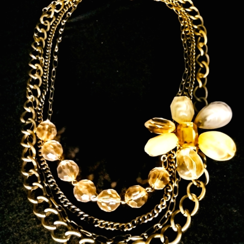 Gold Layered Statement Necklace With Jeweled Flower Attached